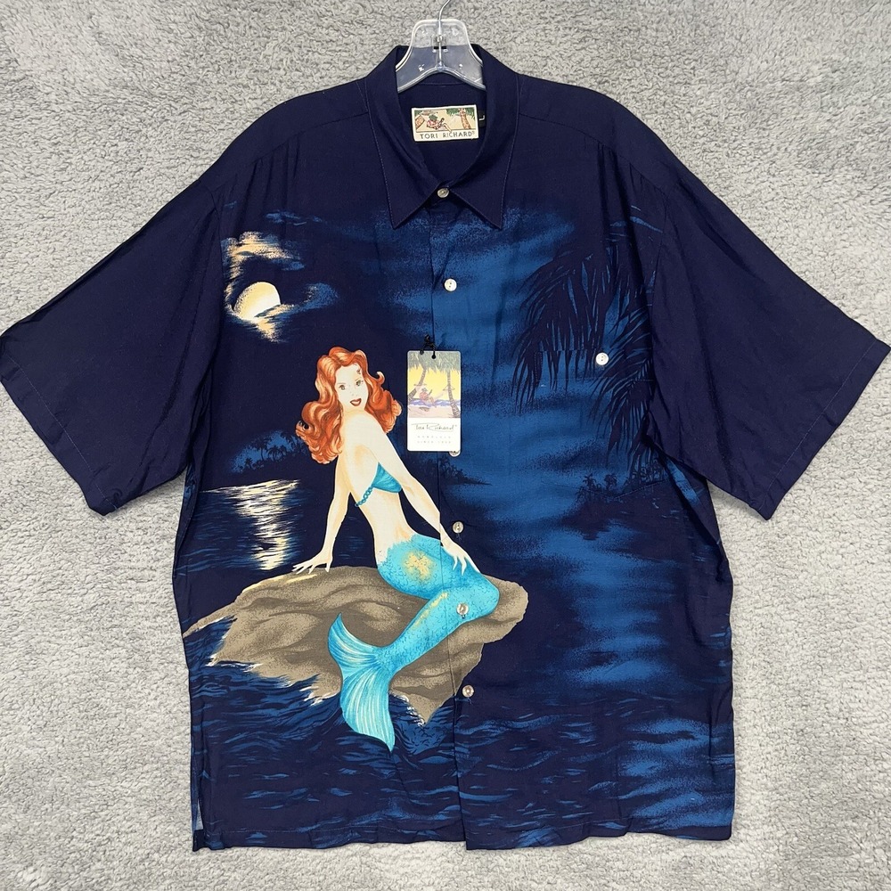 NWT Tori Richard Hawaiian Shirt Men's Size L Mermaid Moonlight Short Sleeve AOP